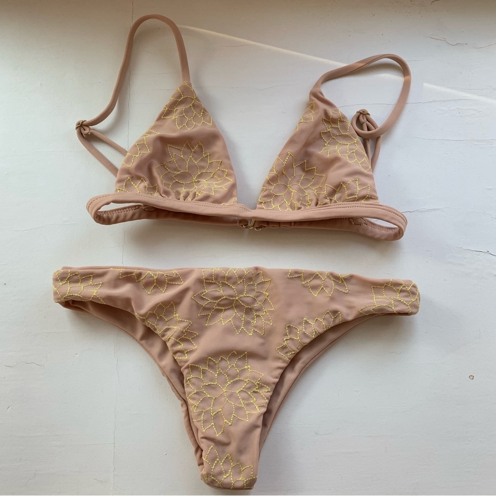 Tori Praver bikini - tan base with yellow embroidered flowers